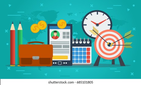 Vector concept of personal achievements and goals. Target, smart phone, clock and office items in flat on green background