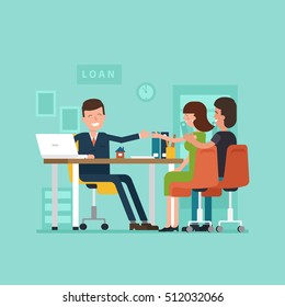 Vector concept of personal loans. Family couple with the agents in the office shaking hands. Illustration of credit approval or conclusion of the contract in flat style.