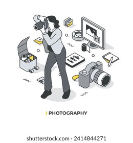 Vector concept of photography and the essence of being a photographer. A female with a professional camera is taking photos, surrounded by various objects and tools related to the creative profession