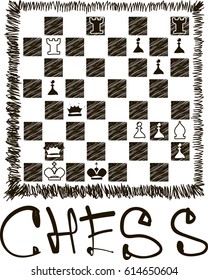 Vector concept of phrase "Chess". Hand drawn lettering. it can be used for posters or t-shirts. Chess board. Sketch