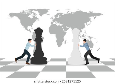 Vector concept picture of businessmen moving chess pieces on board of worldwide politics world map
