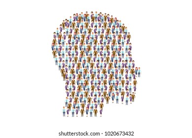 Vector Concept Picture Of People Composed In Shape Of Head On White. Together We Are A Strong Power. Creative Team. Collective Brain Concept. Eps Vector Illustration