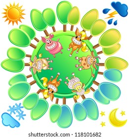 vector concept of a planet with a fun farm animals in four seasons and different weather