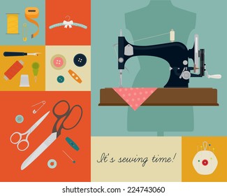 Vector concept poster design on needle work and sewing craft featuring 'It's sewing time!' title | Retro styled sewing and needle work themed background with sewing machine, scissors, buttons and more