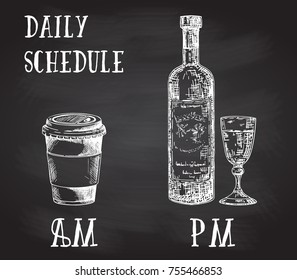 Vector concept poster with drinking habits. Coffee at the morning and alcohol in the evening. Hand drawn sketch on chalkboard. Cup of coffee to go and bottle of wine with glass. 
