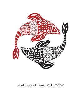 Vector concept for poster, flyer, invitation or cover with beautiful decorative doodle zentangle red and black fishes based on hand-drawn elements. On white isolated background.