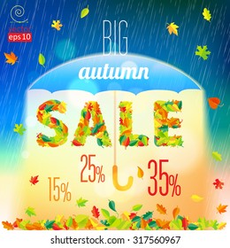 vector concept of posters or cards "autumn sale" with lettering and falling leaves