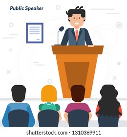 Vector concept of public speaking and business conference with audience. Happy man orator speaking from tribune and listeners in auditorium on chairs in flat style
