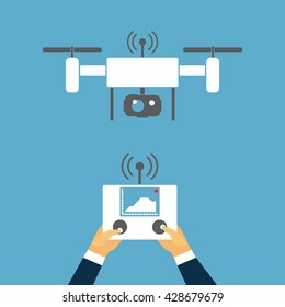 Vector concept of quadcopter air drone control on tablet pc. Radio-controlled drones and console in hands flat vector illustration. Drone and hands with remote control in flat design. White drone.