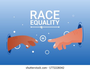 Vector concept of racial equality. A hand with dark and white skin color is drawn to the equal sign in order to stop constant protests in the world. Beautiful vector illustration in a gradient. EPS.