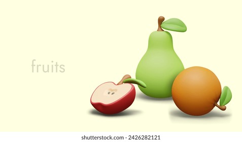 Concepto vectorial con frutos realistas. Manzana, pera, naranja. Publicidad para tienda de comestibles en línea