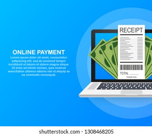 Vector concept of receipt, online payment, money transfer, mobile wallet. Vector stock illustration.
