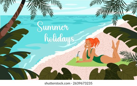 Vector concept of a redhead woman with cocktail under palm trees by the sea, in flat design style.