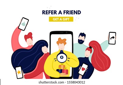 Vector concept of referral program. Network marketing. Refer a friend. Group of people are holding smartphones in their hands and listening to man looking from giant smartphone. Banner, advertising