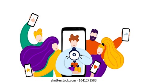 Vector concept of referral program. Network marketing. Refer a friend. Group of people are holding smartphones in their hands and listening to man looking from giant smartphone. Banner, advertising