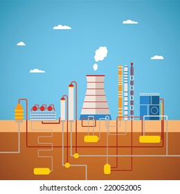 Vector concept of refinery plant for processing natural resources or manufacturing products factory with distribution pipes network