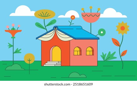 Vector concept Related to Book-House among big Flowers in Nature. Flat illustration with linear elements