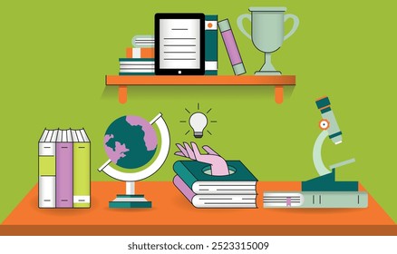 Vector concept Related to Education, Study Table, Academic Subjects, Textbooks. Flat illustration with linear elements