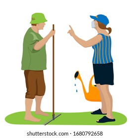 Vector, the concept of relationships with neighbors during the coronavirus pandemic. Lady in the mask. Dispute of two women. Ladies with gardening tools watering can are quarrelling talking.