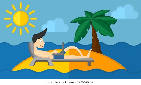 Vector concept remote working place. Businessman or Freelance man on beach with a laptop and a ca palm tree. Flat style.