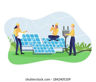 Vector concept of Renewable energy. Alternative energy resource with solar panels, Solar panel power and Engineer character. Green and Environmentally friendly energy. Vector in a flat style