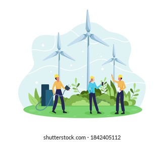 Vector concept of Renewable energy. Alternative energy resource with rotation windmills, Wind Turbines and Engineer character. Green and Environmentally friendly energy. Vector in a flat style