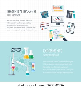 Vector concept of research and the chemical industry. Horizontal banners of theoretical research and experiments. Icons in the flat design with sample text. Vector illustration