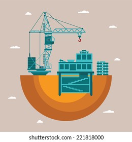 Vector concept of residential house construction process with crane and underground utilities