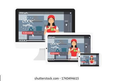Vector concept of responsive web design for blog. Adaptive video player for tablet, monitor, smartphone. Digital devices template concept. Cook channel with pretty female. Girl eating cheesecake
