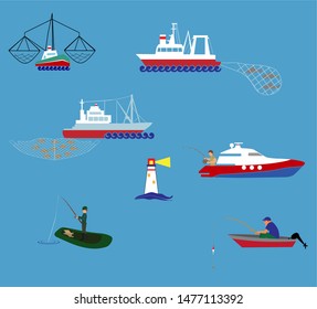 Vector concept of river ocean and sea fishing boat
Fisherman working on fishery industry at industrial level on large boat ship.