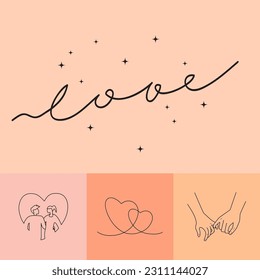 Vector concept of romantic cards  with   hearts, hands, couple in love and lettering Love.