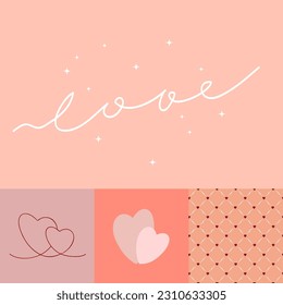 Vector concept of romantic cards  with  pink hearts, seamless pattern and lettering Love.