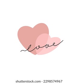 Concepto vectorial de tarjeta de saludo romántico o afiche con dos corazones rosados y letras Amor.