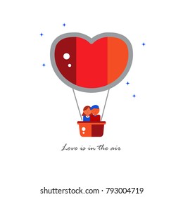 Vector concept of romantic greeting card or poster for Valentine's Day or other holidays with a balloon in the shape of a heart and figures of a young man and a girl.