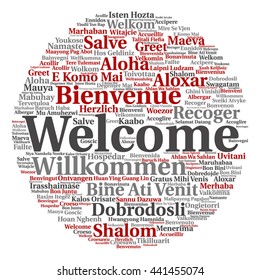 Vector concept round abstract welcome or greeting international word cloud in different languages or multilingual, metaphor to world, foreign, worldwide, travel, translate, vacation or tourism