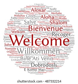 Vector concept round abstract welcome or greeting international word cloud in different languages or multilingual, metaphor to world, foreign, worldwide, travel, translate, vacation or tourism
