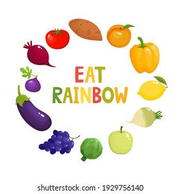 Vector concept round - eat colors for your health, colorful rainbow fruit and vegetable isolated on white. Vector illustration of fresh organic meal - yellow, orange, violet, green and red