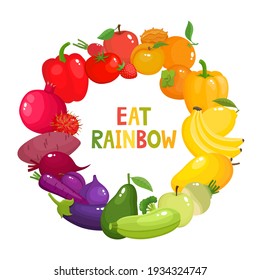 Concepto vectorial redondo: coma colores para su salud, coloridos frutos de arco iris y vegetales aislados en blanco. Ilustración vectorial de harina orgánica fresca - amarillo, naranja, violeta, verde y rojo