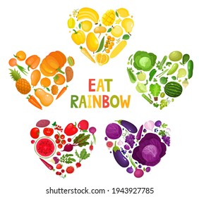 Vector concept round - eat colors for your health, colorful rainbow fruit and vegetable in hearts isolated on white. Vector illustration of fresh organic meal - yellow, orange, violet, green and red