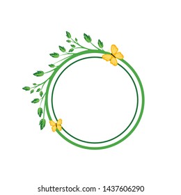 Vector concept of round green frame with yellow butterfly. Blank template to decorate the image and photo. Modern elegant graphic design.