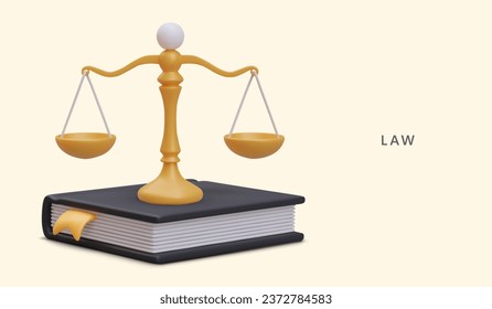 Vector concept of rule of law. Realistic vintage scales stand on book of laws. Weighted verdict. Legal education. Services of notary, lawyer, advocate. Place for advertising text