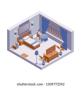 Vector concept scene with isometric hotel room number and business woman working on nothebook. Blue fabric and wooden furniture in single suit bedroom. 3d interior 