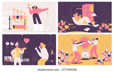 Vector concept scenes about likes, hearts and social media popularity. Outline modern drawn graphic characters in pink, yellow and dark purple