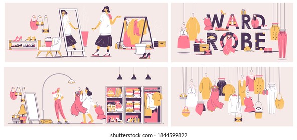 Vector concept scenes with closet and wardrobe, boutique and personal stylist in pink and yellow, drawn with outline style. Women choosing clothes and style