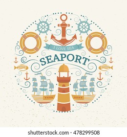 Vector concept with sea symbols. Collection of marine elements: anchor, lighthouse, ship, lifebuoy, helm, fish. Background for t-shirt, banners, cards, flyers, invitations, covers, web pages.