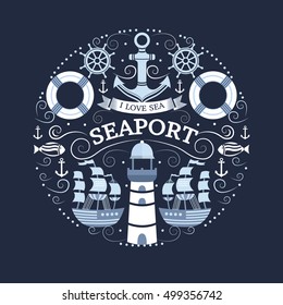 Vector concept with sea symbols. Collection of marine elements: anchor, lighthouse, ship, lifebuoy, helm, fish. Background for t-shirt, banners, cards, flyers, invitations, covers, web pages.