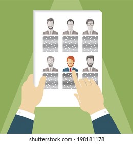Vector concept of searching for professional stuff, head hunter job, employment issue, human resources management or analysing personnel resume.