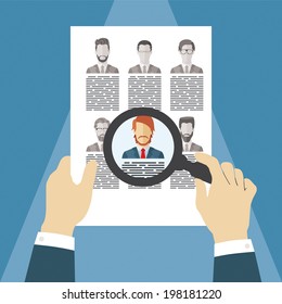 Vector concept of searching for professional stuff, head hunter job, employment issue, human resources management or analysing personnel resume.