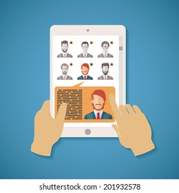 Vector concept of searching for professional stuff, head hunter job, employment issue, human resources management or analysing personnel resume.