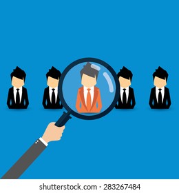 Vector concept of searching for professional stuff, head hunter job, employment issue, human resources management or analysing personnel resume.